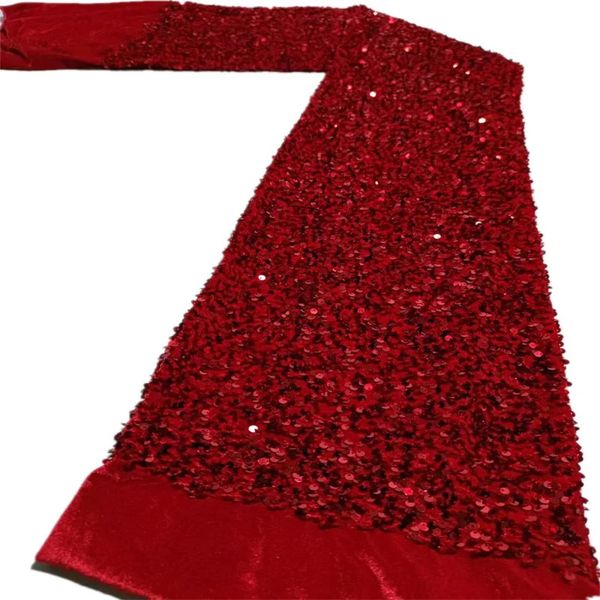 Red Velvet Sequence Lace Fabric 2024 Bordado suizo africano de alta calidad Bordado 3D Lectins Net Lace Lace 5 yardas para vestidos 240417