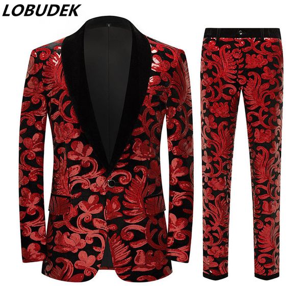 Costume pour hommes en velours rouge à paillettes, ensemble 2 pièces brillant pour soirée, chanteur, hôte, scène, blazer, pantalon, tenue de mariage formelle, Slim, tenue de banquet