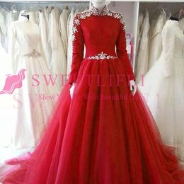 Robe De Noiva rouge 2019 robes De mariée musulmanes robe De bal manches longues Tulle perlé Boho dubaï robe De mariée arabe mariée