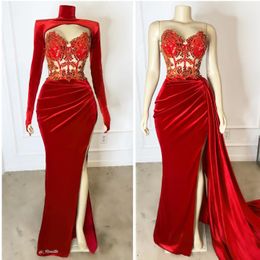 Robes de soirée sirène rouge Vevlet avec veste à manches longues Wrap sweetheart dentelle perlée africaine aso ebi Prom Eneagement robe