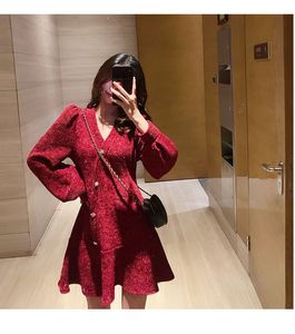 Vestidos casuales de mujeres vintage roja elegante mini vestido de Navidad femenina cálida delgada civil coreana one pieza 2022 año nuevo