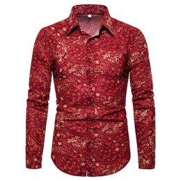 Rouge Vintage Paisley Floral Print Shirt Hommes 2022 Brand New Slim Fit À Manches Longues Hommes Robe Chemises Coton Chemise En Lin Hommes Chemise L220704