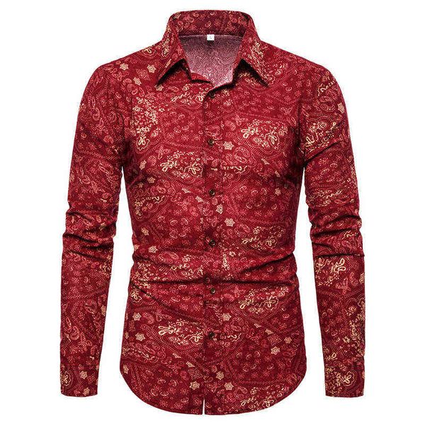 Red Vintage Paisley Camisa con estampado floral Hombres 2022 Nuevo Slim Fit Manga larga Vestido para hombre Camisas Camisa de lino de algodón Hombres Chemise L220704