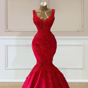 Robe De Mariée Rouge Sirène Fleurs Perles Robes De Mariée Sans Manches Robes De Fiançailles Pour Les Femmes Robe De Mariage Robe De Novia 2023
