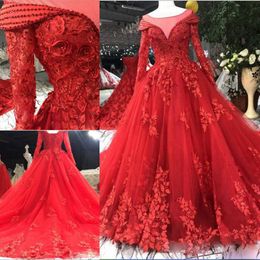 Robes de mariée rouges princesse robes de bal de mariée perles manches longues dentelle appliques robes de mariée Petites grande taille sur mesure Made292u