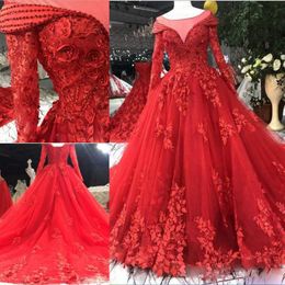 Robes de mariée rouges princesse robes de bal de mariée perles manches longues dentelle appliques robes de mariée Petites grande taille sur mesure Made280A