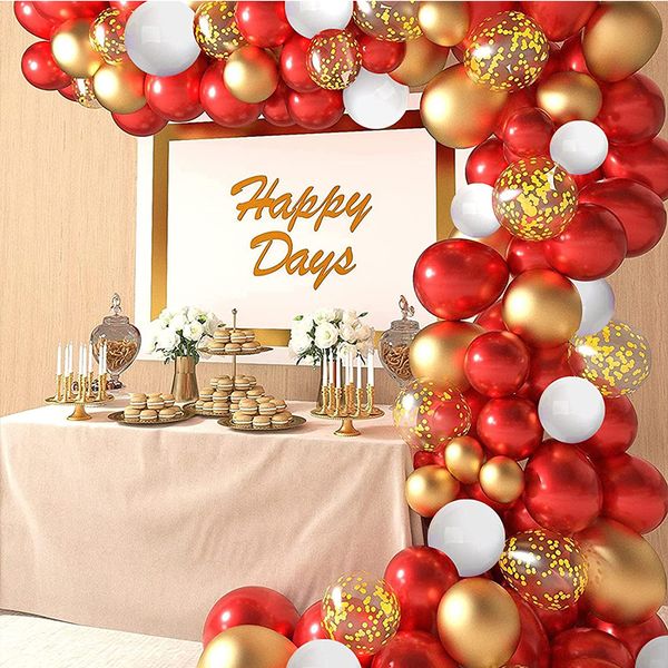 Rouge Blanc Ballon Garland Arch Kit Or Simulation Feuilles Confetti Ballon Pour Valentine Baby Shower De Mariage Fête D'anniversaire Décor 0614
