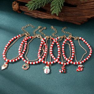 Pulsera de cadena de Metal con cuentas rojas y blancas para mujeres y hombres, conjunto de pulseras con calcetín de muñeco de nieve de Papá Noel, regalo de Navidad, joyería