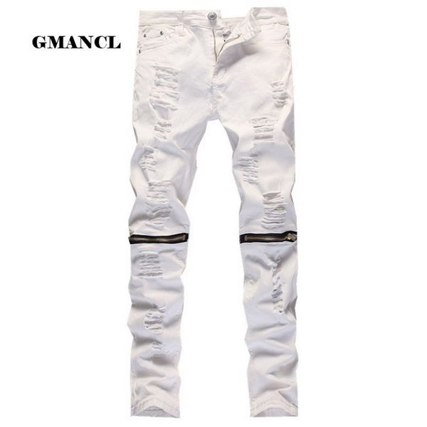 Rouge Blanc Noir Déchiré Denim Pantalon Genou Trou Zipper Biker Jeans Hommes Slim Maigre Détruit Déchiré Jean Pantalon Hip-Hop butin 201111