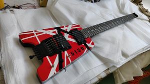 Envío rápido Edward Van Halen 5150 Rojo Blanco Tiras negras Guitarra eléctrica sin cabeza Diapasón de palisandro China Pastillas EMG Puente trémolo Hardware negro Incrustación de puntos