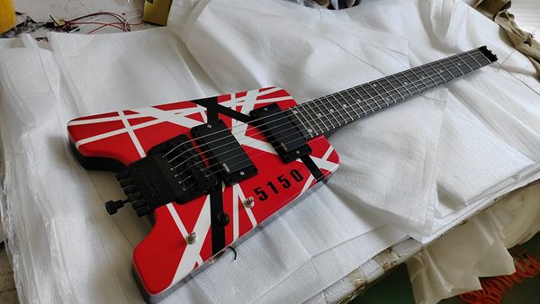 Ship Fast Edward Van Halen 5150 Bandes rouges blanches noires Guitare électrique sans tête Touche en palissandre Chine Micros EMG Tremolo Bridge Matériel noir Dot Inlay