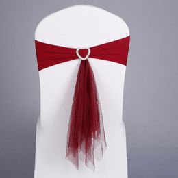Boucle de coeur de bande de chaise de Lycra extensible rouge blanc bleu avec des ceintures de mousseline pour la décoration de Banquet de fête de mariage 3018
