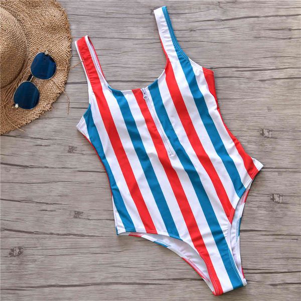 Rouge blanc bleu maillot de bain rayé maillot de bain femmes fermeture éclair Monokini Sport body plage maillot de bain 210520