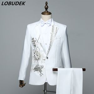 Rode witte kristallen applique pailletten jasje blazers mode herenpakken volwassen koorjurk mannelijke zanger chorus host fase outfits bruiloft pak