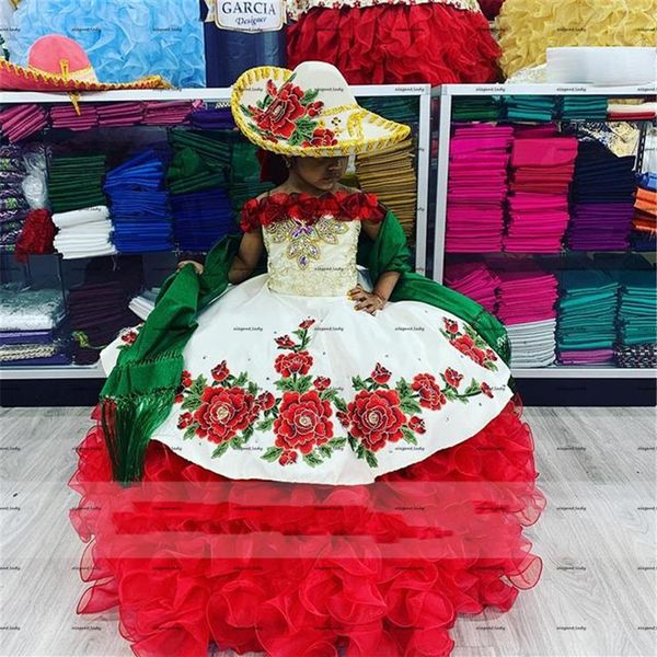 Rojo Blanco Volantes Falda Vestidos de niña de las flores 2022 Princesa de lujo Bordado Floral Niñas Infantiles Cumpleaños Comunión Concurso 280B