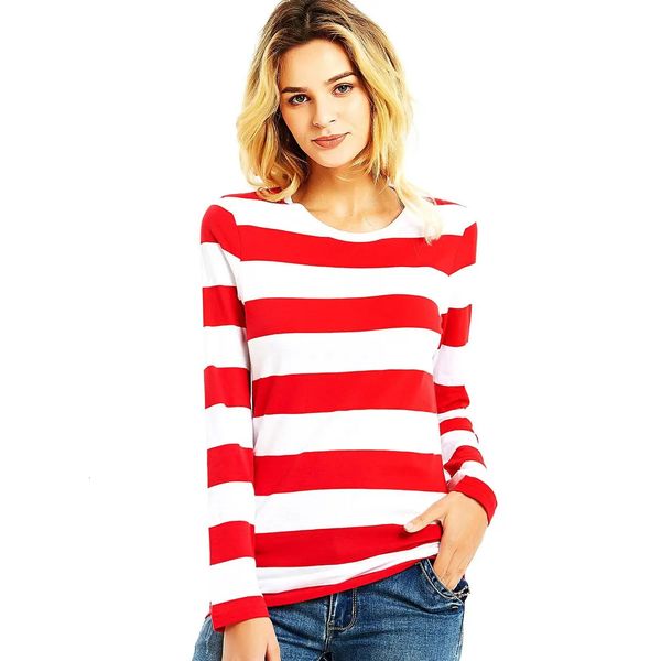 T-shirt rayé rouge blanc pour femmes, col rond, manches longues, rayures colorées, été décontracté, automne 240118