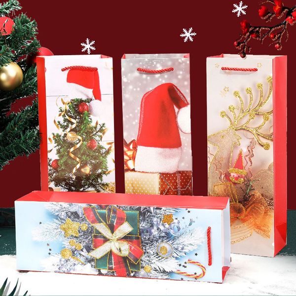 Bolsa de vino tinto Bolsa de regalo con patrón navideño Botella de vino tinto con bolsa de asa para festivales Bolsas de papel rectangulares