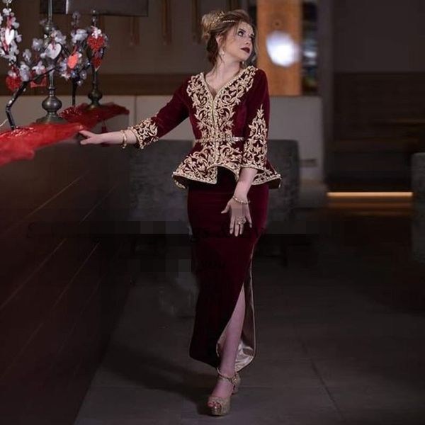 vin rouge sirène Karakou robes de soirée algériennes col en v 3/4 manches longues veste jupe velours robe de bal appliques or dentelle cheville longueur côté fente robes de soirée