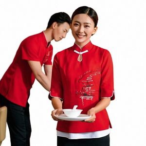 Red Women Hotel Camarero Limpiador Uniformes de trabajo Restaurante chino Trajes de ama de llaves Hanfu Abrigos Housekee Uniforme AS379 G7PT #