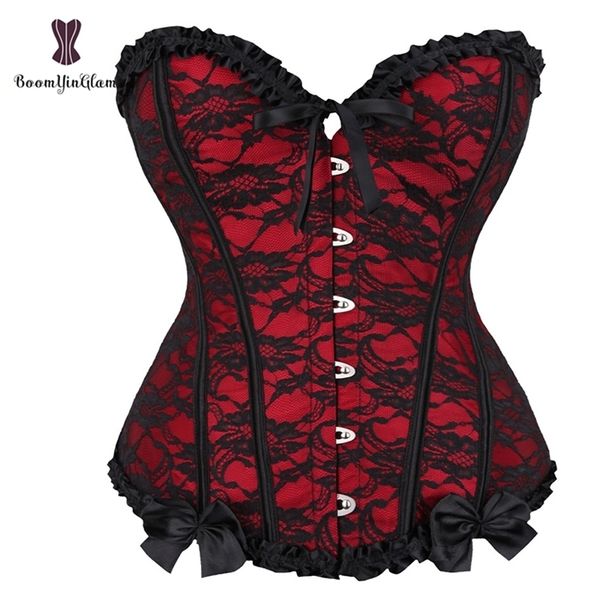 Rouge femmes maille grille Lingerie Basque Corselet Bustier Floral dentelle superposition Corset surbuste grande taille 805 #220615