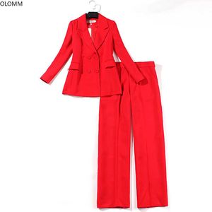 Pantalons pour femmes rouges costume deux pièces féminité dames blazer haute qualité vêtements de bureau élégant jambe large 210527
