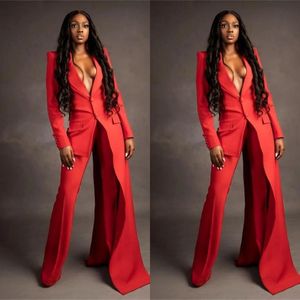Red Women Suits Set 2 stuks Super lange blazer breed been broek op maat gemaakte modekantoor dame vloer lengte feest prom jurk