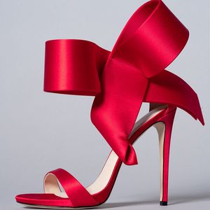 Sandalias rojas para mujer, verano 2023, zapatos de tacón alto con lazo grande para boda, zapatos de tacón de aguja de gladiador para mujer, zapatos de tacón de lujo, talla 46