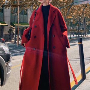 Red Wollen Jas Dames Mid-length Koreaanse versie van de herfst en winter over-the-knie losse temperament wollen jas 2111104