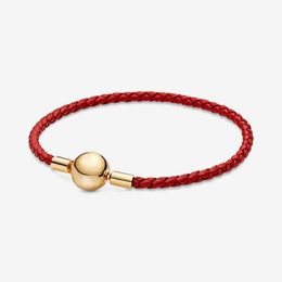 Rood geweven lederen armband pandoras 100% 925 sterling zilveren bedelarmbanden dames meisjes luxe sieraden ontwerper gouden armband met originele doos fabrieksgroothandel