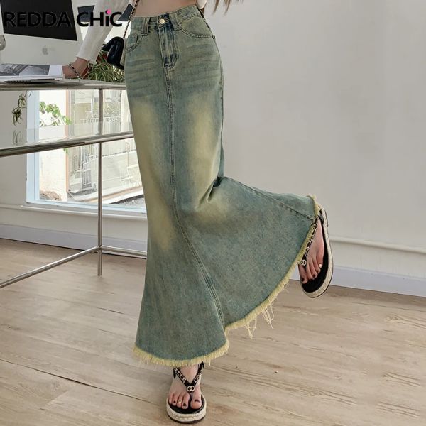 ReddaChic 90s Vintage Y2k jupe de sol sirène queue de poisson ourlet brut taille haute ample Maxi longue Jean Denim jupe femmes Acubi