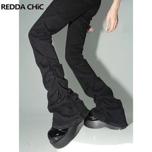 Reddachic Black Rucched Flare Jeans Femmes Solide Stretch Bootcut Pantalons empilés Pantalons de haute hauteur
