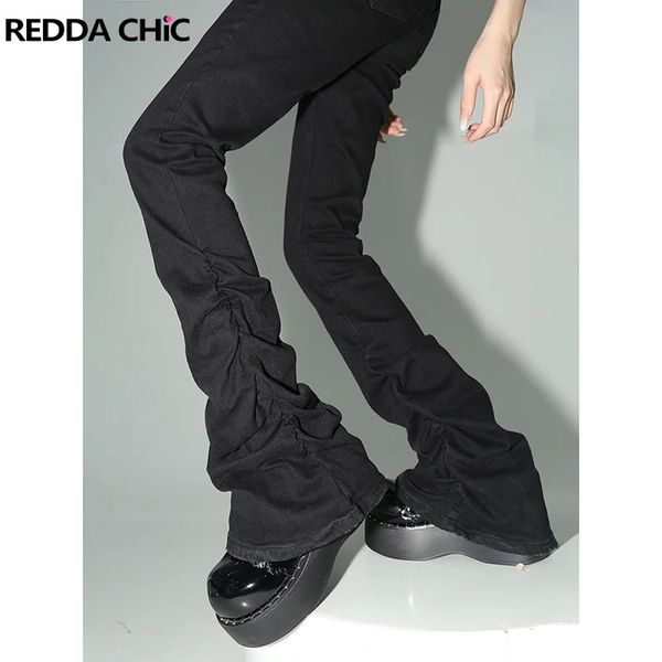 Reddactic Black Ruched Flare Jeans Women Solid Stretch Bootcut Pantalones apilados Pantalones Harajuku Goth Grunge Y2K Ropa 240415