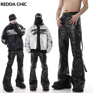 Reddachic Black Wax Coated Flare Jeans Men Restig gemonteerde matte textureerde bootcut broek Flowy Belt Vintage Y2K Hip Hop Trousers 240429