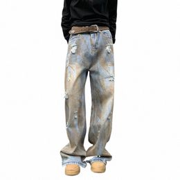 Reddachic Dirty w Blue Blue Baggy Jeans Hommes en vrac Fit Casual Harajuku Hip Hop pantalon Lignet Pantalon Y2K Vintage Vintage D3ya #