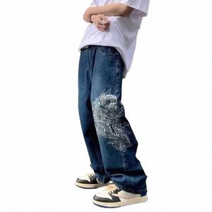 Reddachic Hiphop Hommes Drag Baggy Jeans Bleu W Pantalon droit large brodé Pantalon décontracté Rétro Y2k Harajuku Streetwear z7AJ #