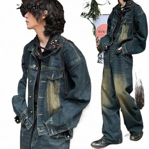 reddachic Heren Denim Pak Bomberjack Baggy Jeans 2-delige set Geborstelde Wijde Pijpen Broek Oversize Jas Hiphop Harajuku Kleding N71B #