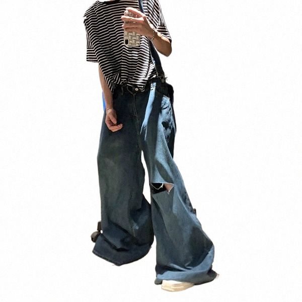 Reddachic Hommes Ripped Hole Wide Leg Combinaison Y2k Vintage Bleu Lâche Casual Années 90 Rétro Patineur Oversize Bib Pantalon Denim Salopette h5kC #