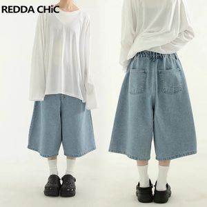 REDDACHiC Hommes Femmes Taille Élastique Baggy Jorts Basique Solide Bleu Denim Shorts Bandage Large Pantalons Décontractés Jeans Courts Y2k Pantalon 240313