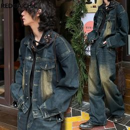 Reddachic Mens Denim Suit Bomber Jacket Baggy Jeans 2-delige set geborsteld Wijd beenbroek Buiten grote been Bekleding Hiphop Harajuku-kleding 240412