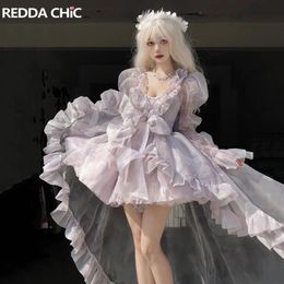 Reddachic Purple Lolita Princess Mini Vestido con Train LaceUp Tutu Tutu Subskirt Shawl Viddin Party Vestido 3 piezas set 240402