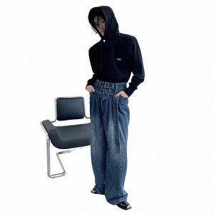 reddachic Zelf-riem Geplooide Baggy Jeans voor Mannen Effen Blauwe W Wijde Pijpen Broek Y2k 90s Retro Skater Street Style Hiphop Broek f9Za#
