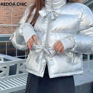 REDDACHiC Col roulé Noeud Zippé Recadrée Puffer pour Femmes Vintage Y2k Argent Métallisé Doudoune Manteau Matelassé Chaud Parkas D'hiver 231225