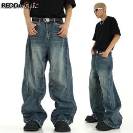 REDDACHiC Gedraaide Naad Mannen Baggy Jeans Retro Blauwe Snorharen Patchwork Wijde Pijpen Casual Oversized Broek Skater Hiphop Streetwear 240320