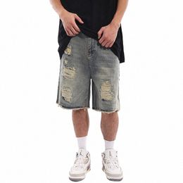 Reddachic Vintage W Destroyed Denim Shorts Hommes Brossé Bleu Bord Brut Large Pantalon Jeans Courts Baggy Jorts Casual Y2k Vêtements q67s #