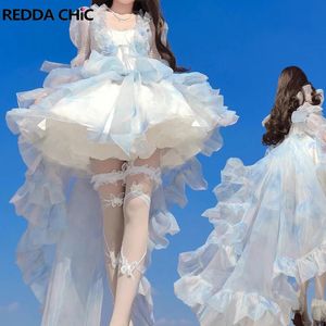 Reddachic Femmes Robe de soirée Ensemble de châle Smockled Train Hi-Lo Lace Up Up Ruffled Puffy Miniskirt Bloors jupt Lolita Tutu Robe 240425