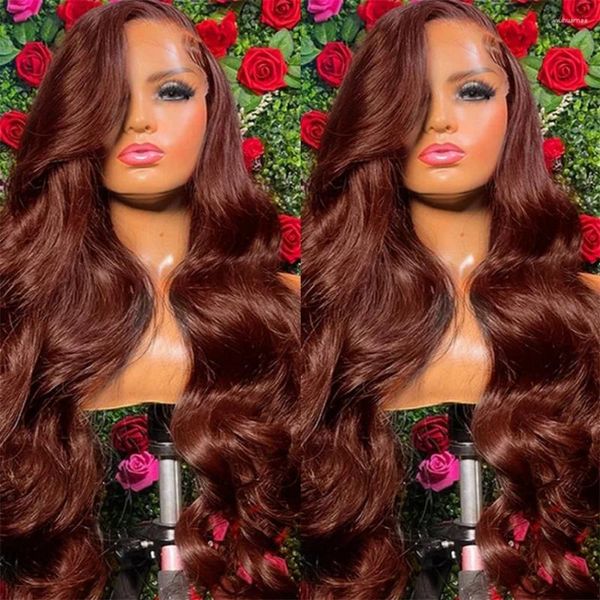 Perruque Lace Front Wig Body Wave brun rougeâtre, cheveux humains transparents pré-épilés rouge foncé 13x4 13x6 Hd