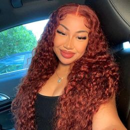 Perruque Lace Frontal Wig sans colle naturelle, cheveux humains bouclés, brun rougeâtre, Deep Wave, 13x4, 13x6 Hd, perruque Lace Frontal Wig, pre-plucked