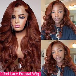 Perruque Lace Front Wig brésilienne naturelle, cheveux humains, brun rougeâtre, 13x6, pre-plucked, 13x4, rouge foncé, brun, Body Wave, fermeture 4x4