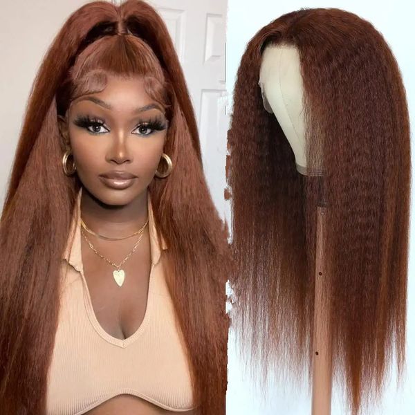 Brun rougeâtre Kinky Straight 13X4 Lace Front Wigs Glueless auburn brown perruque de cheveux humains pour les femmes noires 150% densité hd invisible