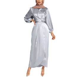 Definieer je garderobe met dames satijnen moslimjurk kaftan feestjurk met puff mouwen lange maxi -stijl voor alle seizoenen 240415